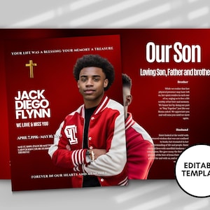 8.5&quot;X11&quot; BOOKLET Memorial program (8 pages)| RED Funeral Program |Celebration of Life |Keepsake |Digital Download |Canva Template