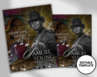 8.5"x11" BOOKLET Memorial program (12 pages)| Mens Jazz Funeral Program |Celebration of Life |Keepsake |Digital Download |Canva Template