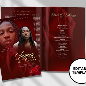 5.5&quot;x8.5&quot; BOOKLET Memorial program (4 pages)| Red Style Funeral Program |Celebration of Life |Keepsake |Digital Download |Canva Template