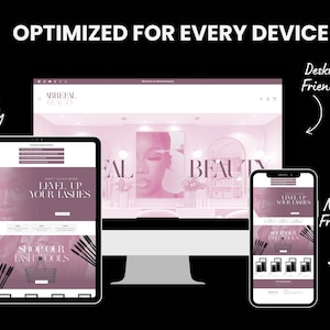 May include: A website design mockup showing how a website looks on different devices, including a desktop computer, tablet, and mobile phone. The website is for a beauty business called "ABREEN. BEAUTY" and features a pink and white color scheme with the text "LEVEL UP YOUR LASHES" and "SHOP OUR LASH TOOLS".