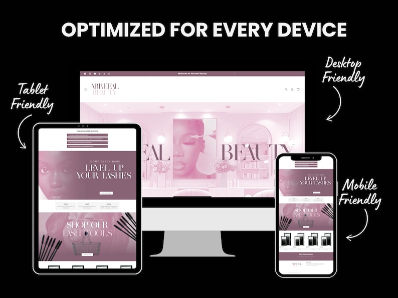 May include: A website design mockup showing how a website looks on different devices, including a desktop computer, tablet, and mobile phone. The website is for a beauty business called "ABREEN. BEAUTY" and features a pink and white color scheme with the text "LEVEL UP YOUR LASHES" and "SHOP OUR LASH TOOLS".