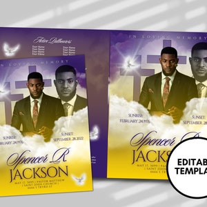 Puede incluir: Una plantilla de programa de funeral morado y amarillo con una foto de un hombre con traje y una cruz. El texto dice "En memoria cariñosa" e incluye el nombre "Spencer R. Jackson" con las fechas de nacimiento y muerte. El programa también incluye el texto "May 17, 3099 | Pastor Matthew | Saint John Church | 6666 S Tryrd St."