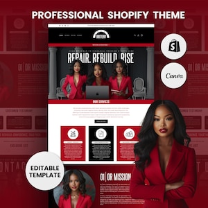 May include: A red and white website template for a Shopify store. The website features a red background with white text and images. The text on the website includes the words "Repair, Rebuild, Rise" and "Our Services".