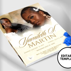 May include: A memorial booklet cover with a photo of a woman in a white dress. The cover is decorated with blue roses and a gold inscription that reads "Celebrating the beautiful life of Yamileth S. Martin". The dates "Sunrise: January 11, 1999" and "Sunset: July 2, 2023" are also included.