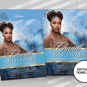 Op de afbeelding: Een blauwe en gouden sjabloon voor een rouwkaart met een vlinderontwerp en een foto van een vrouw. De tekst luidt "In liefdevolle herinnering" en "Chanell Knowles" met de data "21 april 1932 - 14 juni 2023".