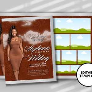 Programas funerarios Plantilla editable de 8,5&quot;x 11&quot; 8 páginas Mujer Bronceado Flor texturizada En memoria amorosa Folleto funerario Impresión Folleto funerario DIY