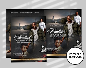 Fishing Themed Funeral Memorial Booklet (8 pages) |Elegant Style Funeral Program | In Loving Memory|Women Black gold Program |Canva Template