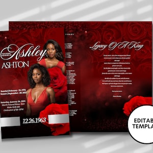 Red Roses Funeral Program Template: 8-Page Memorial Booklet (DIY Editable)