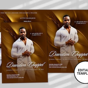 Könnte beinhalten: Eine gold- und braune Traueranzeige-Vorlage mit einem Foto eines Mannes in einem weißen Hemd. Der Text lautet "Ein unvergesslicher Abschied" und "Davidson Chappel". Die Daten "24. Februar 1976" und "28. September 2022" sind ebenfalls enthalten. Die Vorlage ist editierbar.