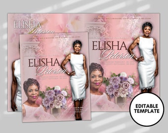 8.5&quot;x 11&quot; SOFT PINK Obituary Template (8 pages)  Pink Style Funeral Program | Celebration of Life |Women Pink Rose Obituary |Canva Template