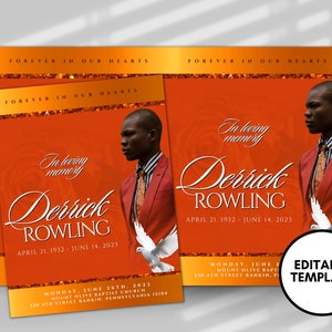 Puede incluir: Plantilla de anuncio de funeral naranja y dorado con una foto de un hombre con un traje rojo. El texto dice "Forever in our hearts" y "In loving memory Derrick Rowling April 21, 1932 - June 14, 2023".