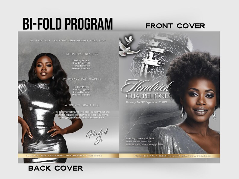 Silver Front Program Cover Silver Obituary Program Template: Women's Celebration of Life (canva ...