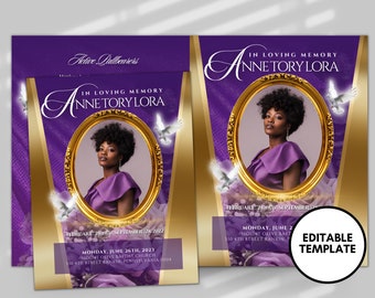 May include: Purple and gold funeral announcement template with a photo of a woman in a purple dress. The text reads "In Loving Memory Anne Tory Lora" and includes dates, a church name, and address.  Editable template.