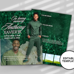 Funeral programs editable template 2 page 8.5x11 Mens Emerald Green Program In loving memory funeral brochure printing DIY Funeral booklet