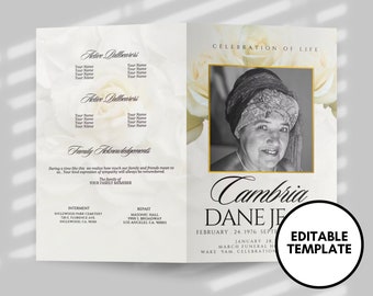 Cream White Memoral 4 pages booklet | Ivory keepsake with rose with a Hint Of Gold | Elegant Bifold funeral program| Editable template