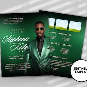 Funeral programs editable template 2 page 8.5x11 Men&#39;s Green In loving memory funeral brochure printing DIY Funeral booklet