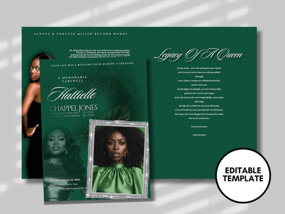 Green Obituary Template: Women's Funeral Program, Celebration of Life  (canva Template) - Etsy Israel