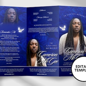 17&quot;x11&quot; FUNERAL OBITUARY TEMPLATE (2 pages) |Blue Rose Funeral Program | Celebration of Life |Classy Obituary |Canva Template