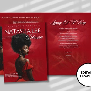 Funeral Memorial Booklet (8 pages) |Dark red Funeral Program | In Loving Memory  |Women&#39;s Red Obituary Program |Canva Template