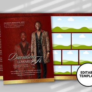 Red Vintage Funeral Program Template: 8-Page Memorial Booklet (8.5x11 Editable)