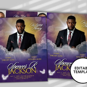 May include: Purple and gold funeral program template with a photo of a man in a suit and tie. The text reads "In Loving Memory" and includes the name "Spencer R. Jackson", dates, and a church name.