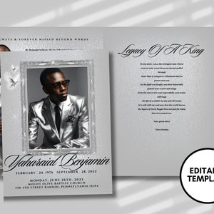 8.5&quot;x 11&quot;All Silver Obituary Template (8 pages) Men&#39;s Silver Style Funeral Program | Celebration of Life | Obituary|Canva Template