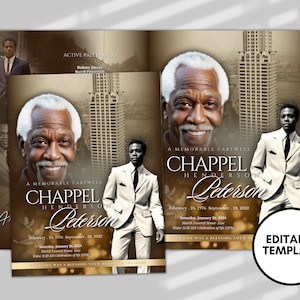 Könnte beinhalten: Eine braune und goldene Trauerprogrammvorlage mit einem Foto eines Mannes im Anzug und dem Text "A Memorable Farewell Chappel Henderson Peterson" und "February 24, 1976 - September 28, 2022".