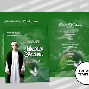 8.5&quot;x 11&quot; Green Islamic Funeral Template (8 pages)Women&#39;s Muslim Style Funeral Program | Celebration of Life |Men&#39;s Obituary|Canva Template