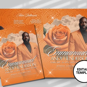 Puede incluir: Plantilla de anuncio de funeral naranja y blanco con una foto de un hombre con traje y una rosa. El texto dice "Emmanuel Andy Henderson" con las fechas de nacimiento y muerte, e información sobre el servicio fúnebre. La plantilla es editable.