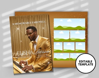 Men's Gold Glitter Funeral Program Template: 8-Page Brochure (DIY Editable)
