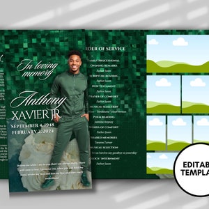 Funeral programs 17x11 editable template TRIFOLD Men Fiery GREEN metal Luxury In loving memory funeral brochure printing DIY Funeral booklet