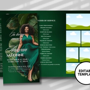 May include: A green and white funeral program template with a photo of a woman in a green dress. The program includes the order of service, the deceased's name, and the date of the funeral. The template is editable.