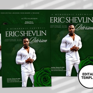 May include: A green and white funeral announcement template with a photo of a man in a white shirt and a green rose. The text reads "A Memorable Farewell Eric Shevlin Peterson".