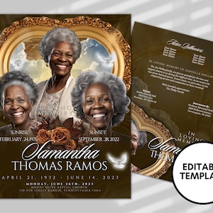 May include: A brown and gold funeral program template with a photo of three women in a gold frame. The text reads "In Loving Memory of Samantha Thomas Ramos" with dates of birth and death. The program also includes the date and location of the funeral service.