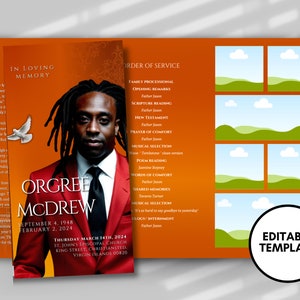 Funeral programs 17x11 editable template TRIFOLD Mens Red and orange In loving memory funeral brochure printing DIY Funeral booklet