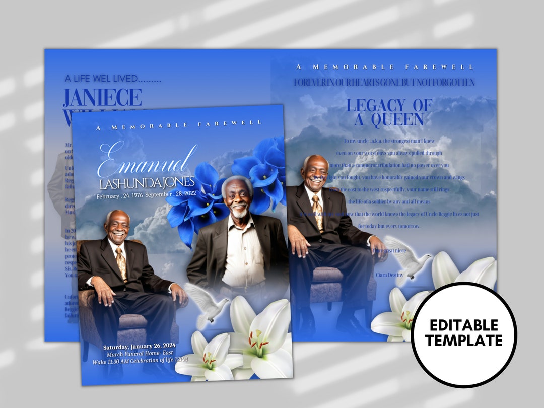 Blue Roses Funeral Program Template: 8-page Memorial Brochure (DIY ...