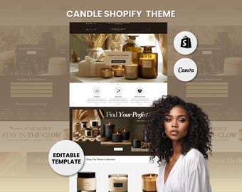 May include: A website mockup for a candle shop with the text "Candle Shopify Theme" and "Find Your Perfect" on the page. The website features images of candles and a woman with curly hair.