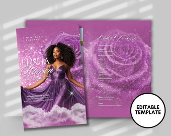 Può includere: Modello di programma funebre viola e bianco con una foto di una donna in un abito viola. Il programma include l'ordine del servizio, il nome del defunto e la data e l'ora del servizio.