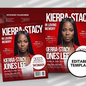 8.5&quot;x11&quot; Red Magazine Vogue Memorial program (4 pages)|Red Women Style Funeral Program|Celebration of Life |Digital Download |Canva Template