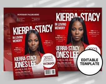 8.5"x11" Red Magazine Vogue Memorial program (4 pages)|Red Women Style Funeral Program|Celebration of Life |Digital Download |Canva Template