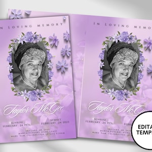 5.5&quot;x8.5&quot; BOOKLET Memorial program (4 pages)| PURPLE Style Funeral Program |Celebration of Life |Keepsake |Digital Download |Canva Template