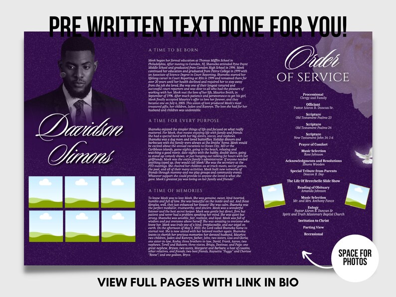 Purple Lily Funeral Program Template: Celebration of Life (canva, 17