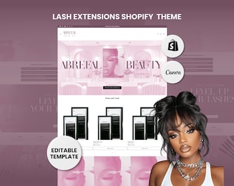 Könnte beinhalten: Ein Screenshot einer Website, der ein Shopify-Theme für ein Wimpernverlängerungsgeschäft zeigt. Die Website hat ein rosa-weißes Farbschema mit dem Text "ABREEAL BEAUTY" und "LEVEL UP YOUR LASHES". Die Website enthält auch einen Bereich für "Shop Lash Trays" mit Bildern von Wimpernbehältern.