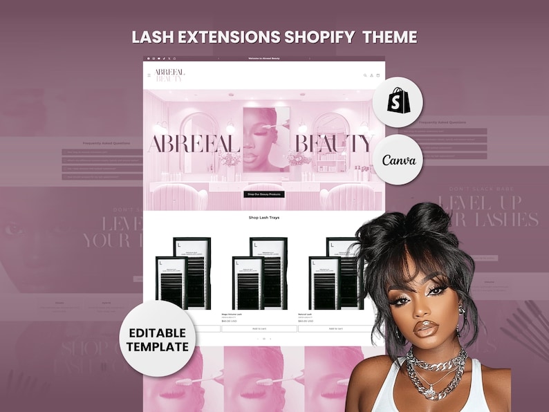 May include: A website screenshot showing a Shopify theme for a lash extension business. The website features a pink and white color scheme with the text "ABREEAL BEAUTY" and "LEVEL UP YOUR LASHES". The website also includes a section for "Shop Lash Trays" with images of lash trays.