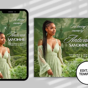 Green Memorial Announcement Flyer, Memorial Flyer, FB, IG, Rest In Peace Funeral Invitation Template, D.I.Y Memorial Invite, Canva