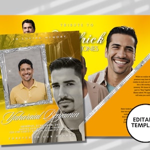 8.5&quot;x 11&quot; Yellow men&#39;s Obituary Template (8 pages) Men&#39;s Yellow Style Funeral Program | Celebration of Life | Obituary|Canva Template