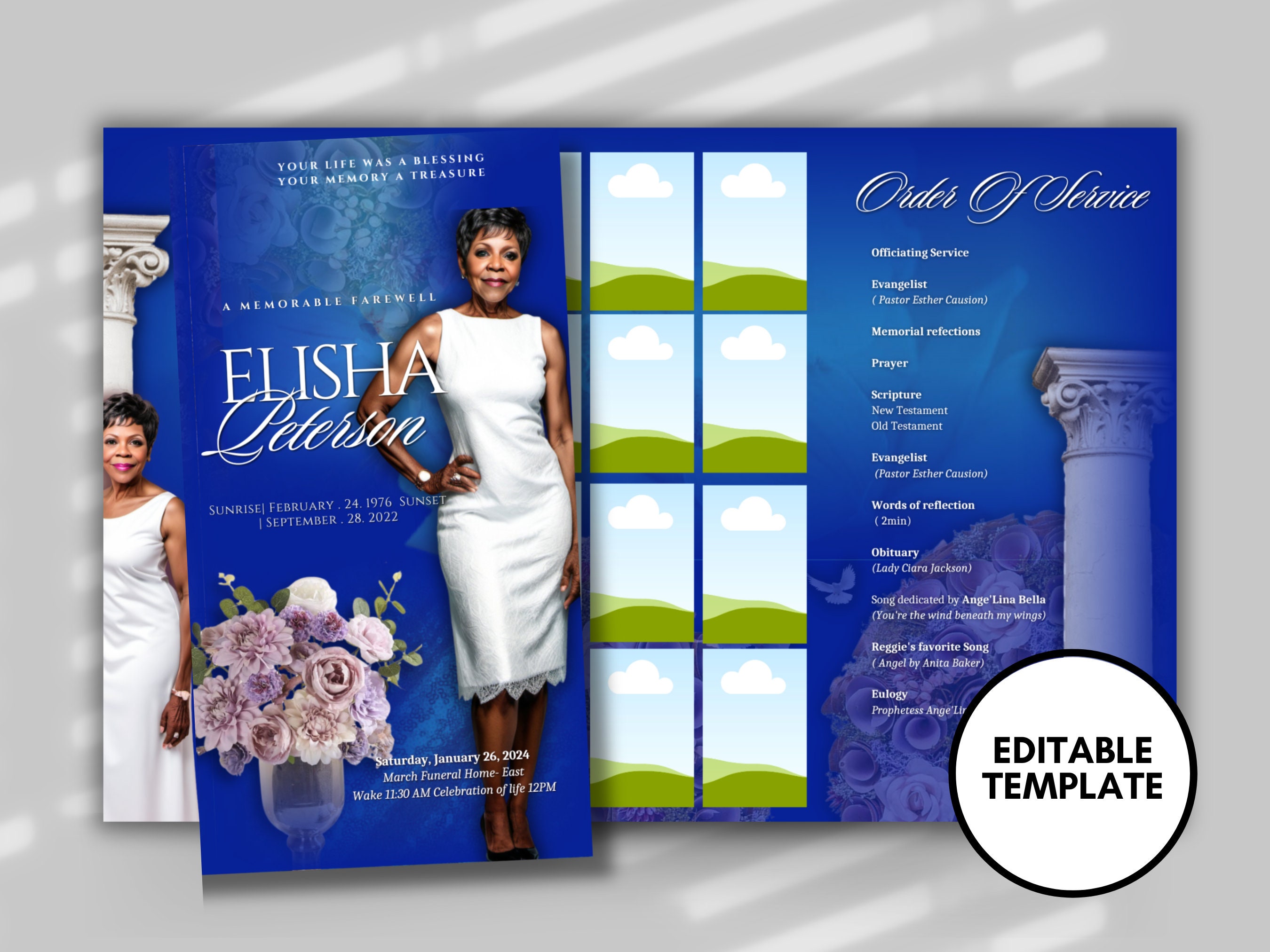 P NEVVER / BROCHURE for WAKE スウェット Blue Sequin Funeral Program Template: Trifold Memorial Booklet