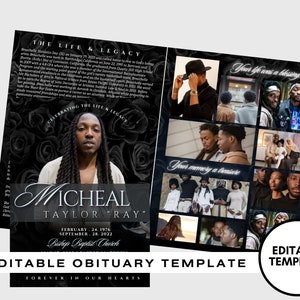 8.5x11 BOOKLET Memorial program 8 pages BLACK Style Funeral Program Celebration of Life Keepsake Digital Download Canva Templat image 1