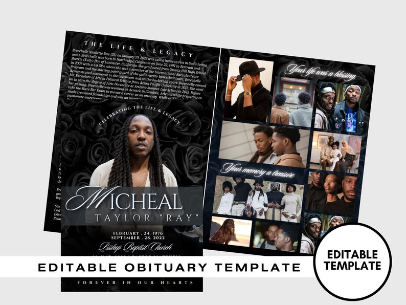 8.5x11 BOOKLET Memorial program 8 pages BLACK Style Funeral Program Celebration of Life Keepsake Digital Download Canva Templat image 1