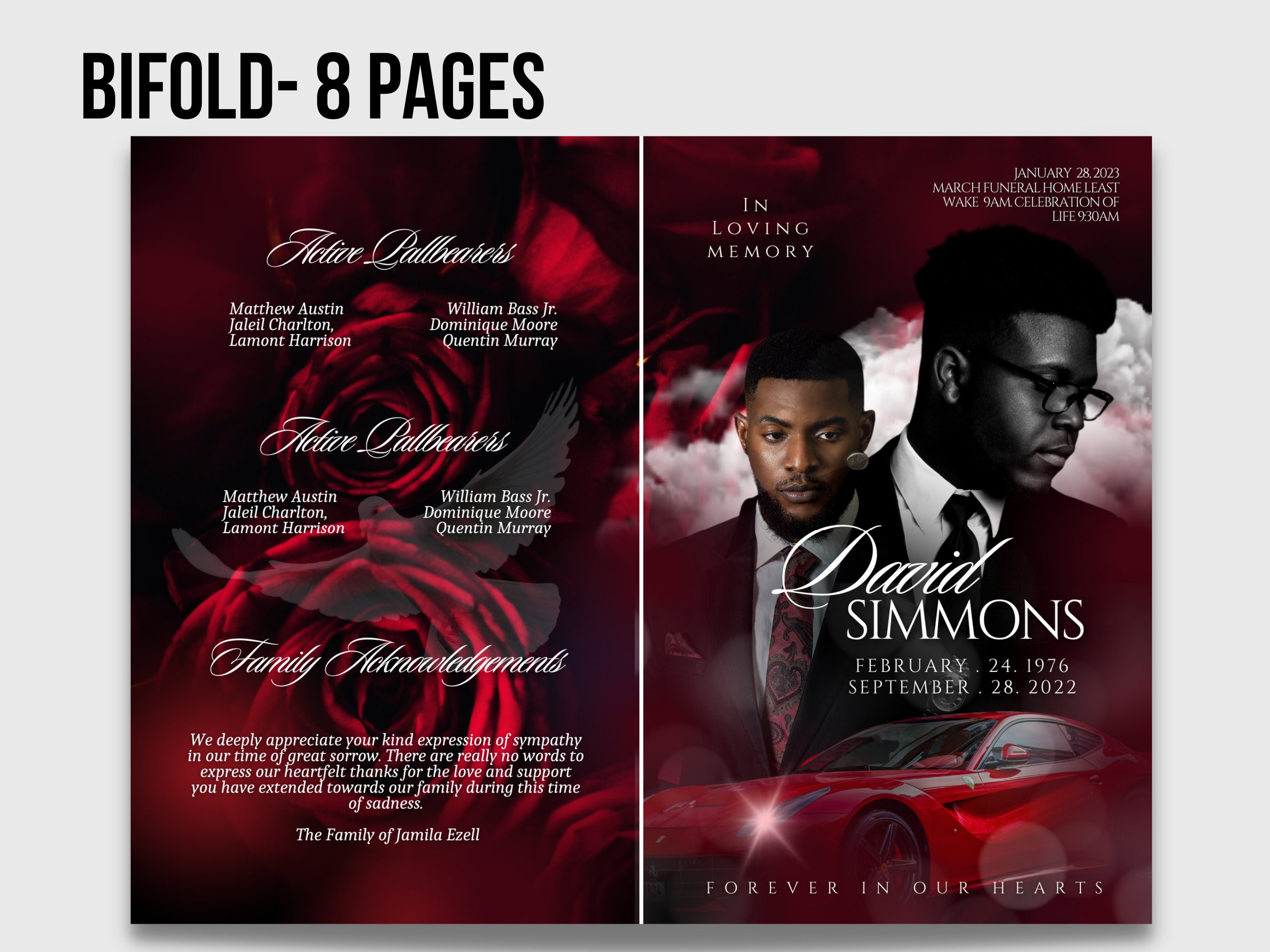 Red Funeral Program Template: 8-page Memorial Booklet (digital Download ...